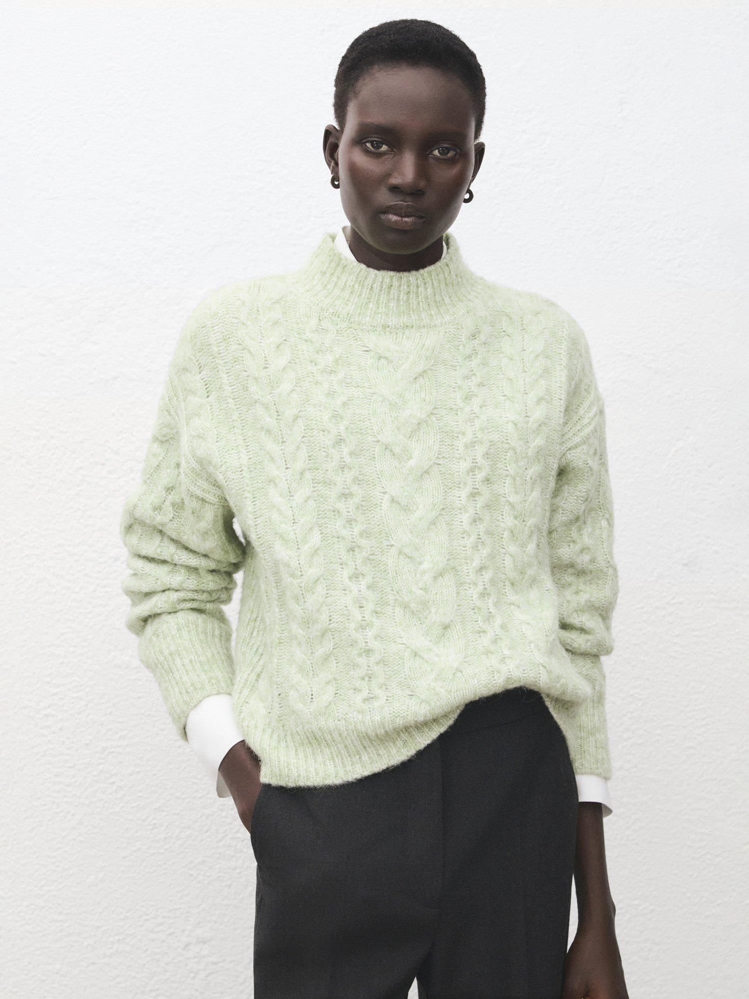 Product image 1 of 7, which shows Mango Treneta Braided Cable Knit Jumper, Aqua, L