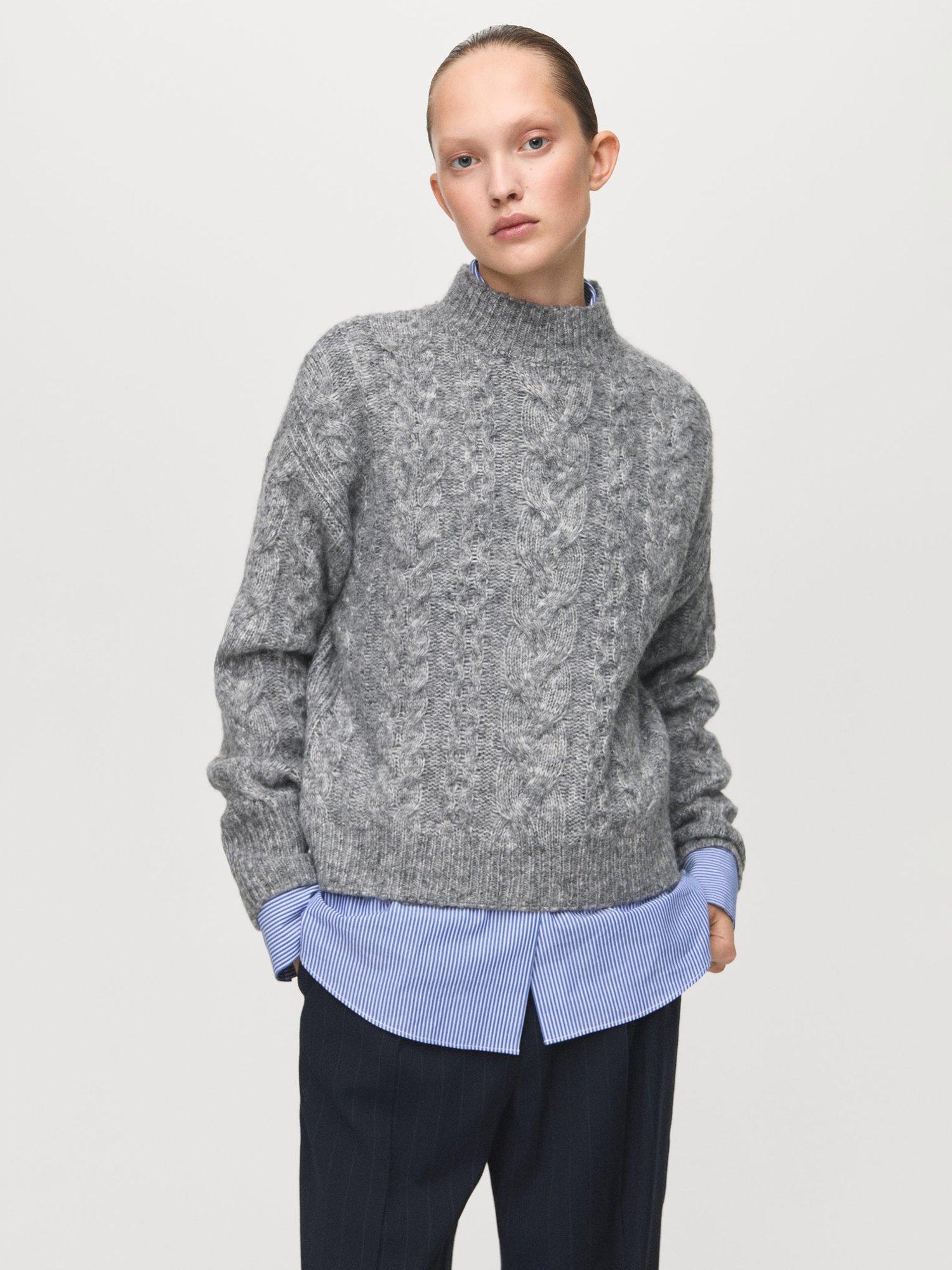 Product image 1 of 7, which shows Mango Treneta Braided Cable Knit Jumper, Medium Grey, L