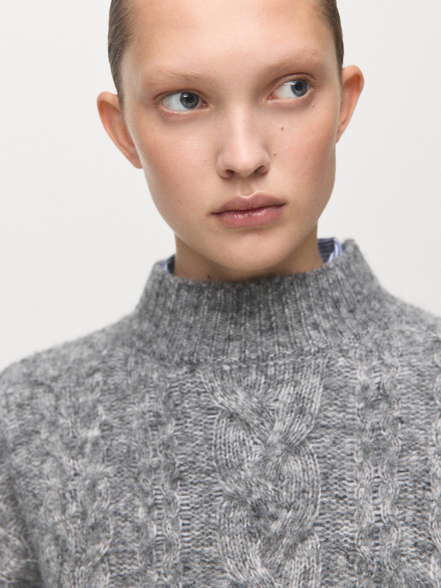 Product image 6 of 7, which shows Mango Treneta Braided Cable Knit Jumper, Medium Grey, L