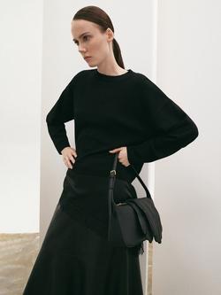 Mango Webby Asymmetric Satin Trim Jumper, Black, Black