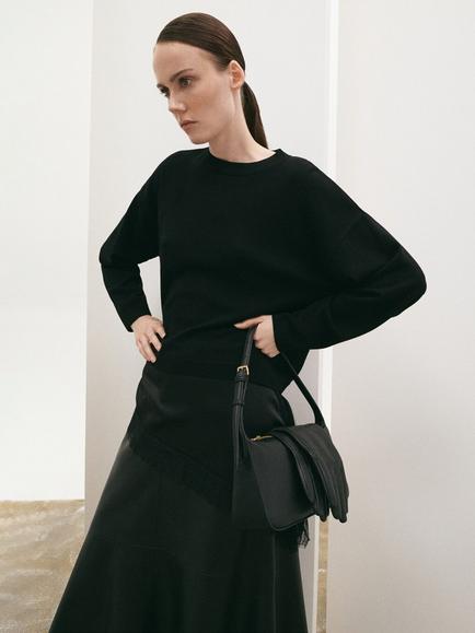 Mango Webby Asymmetric Satin Trim Jumper, Black, Black