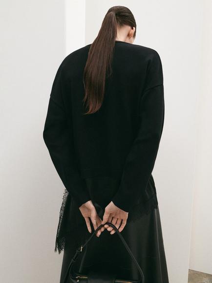 Mango Webby Asymmetric Satin Trim Jumper, Black - view 2, Black