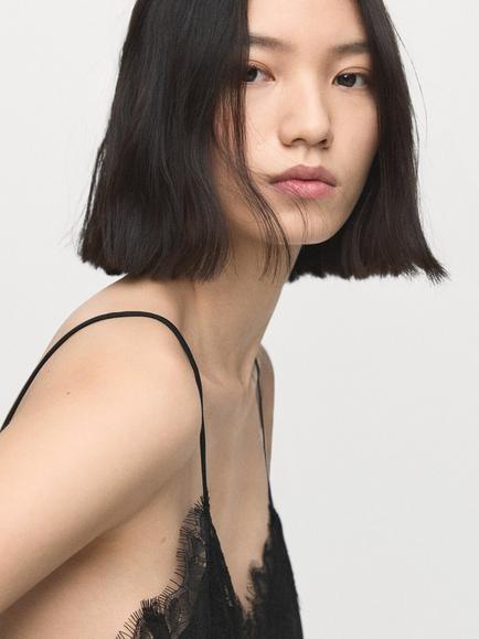Mango Pearl Asymmetric Lace Camisole Top, Black, Black