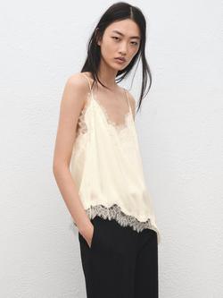 Mango Lace Trim Asymmetric Vest Top, Light Beige, Light Beige