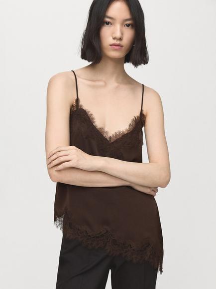 Mango Lace Camisole Top, Brown, Brown