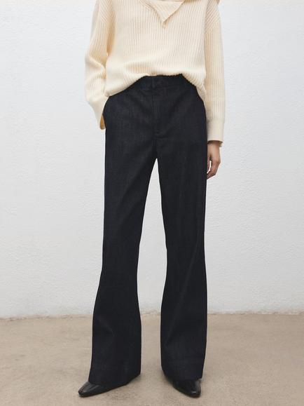 Mango Mona Wide Leg Denim Trousers, Dark Blue, Dark Blue