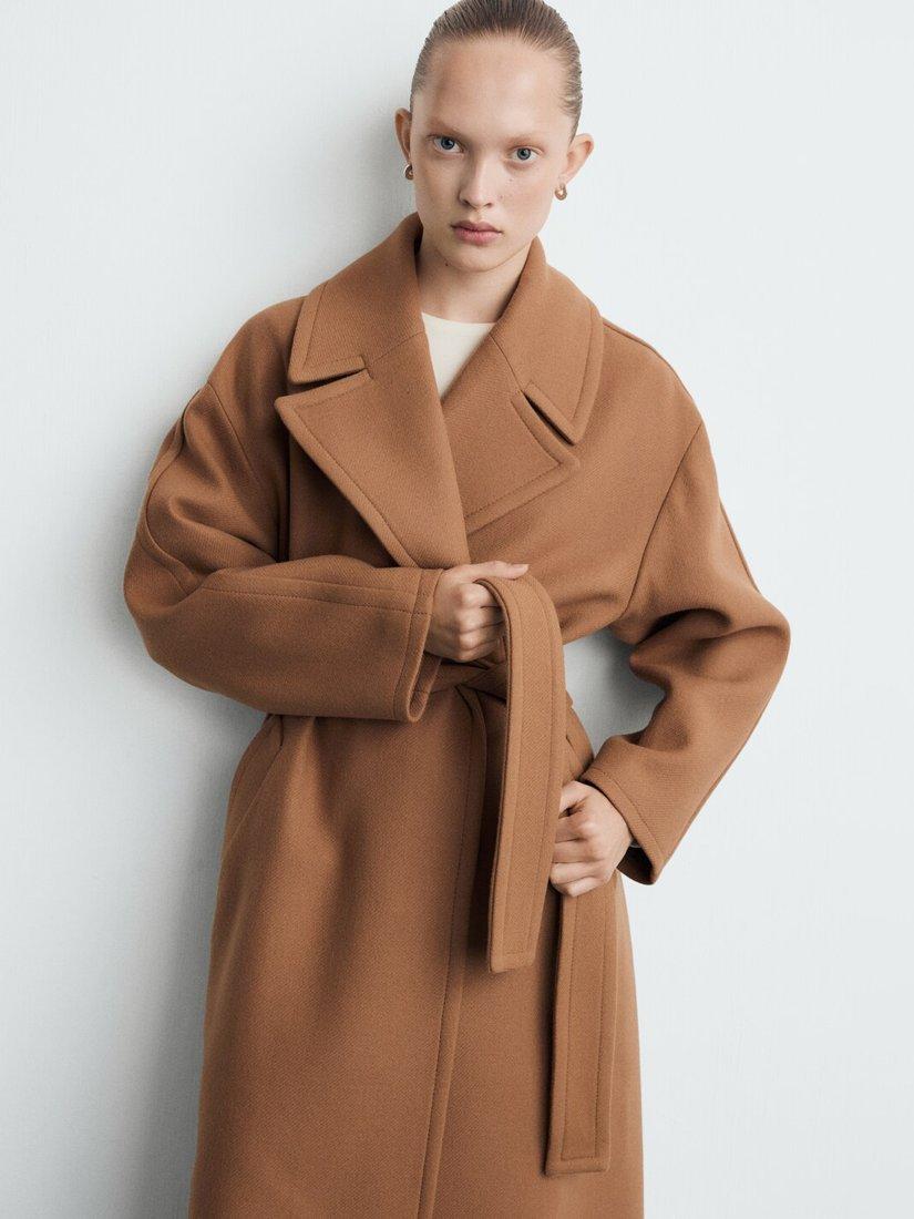 Product image 3 of 6, which shows Mango Traviata Belted Wool Rich Coat, Medium Brown, XXXL