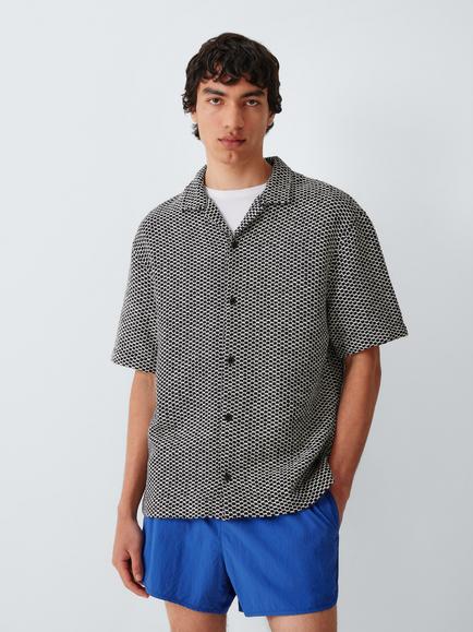 John Lewis Regular Fit Crochet Short Sleeve Cotton Blend Shirt, Black