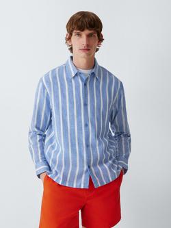 John Lewis Cotton Linen Blend Stripe Shirt, Blue, Blue