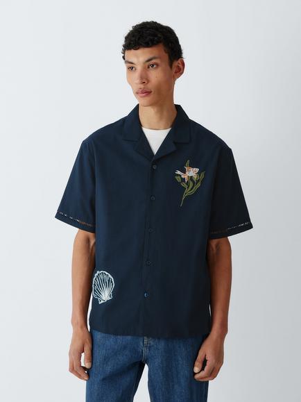 John Lewis Shell Embroidery Button Through Short Sleeve Cotton Linen Blend Shirt, Navy, Navy