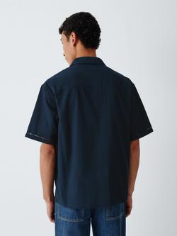 John Lewis Shell Embroidery Button Through Short Sleeve Cotton Linen Blend Shirt, Navy - view 2, Navy