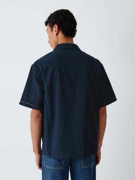 John Lewis Shell Embroidery Button Through Short Sleeve Cotton Linen Blend Shirt, Navy - view 2, Navy