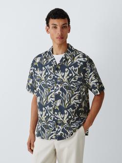 John Lewis Regular Fit Button Through Coral Print Short Sleeve Shirt, Navy, Navy