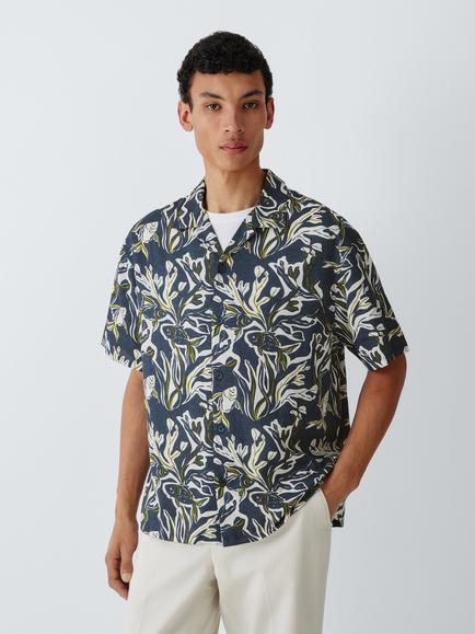 John Lewis Regular Fit Button Through Coral Print Short Sleeve Shirt, Navy, Navy
