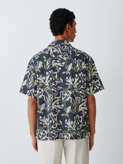 John Lewis Regular Fit Button Through Coral Print Short Sleeve Shirt, Navy - view 2, Navy