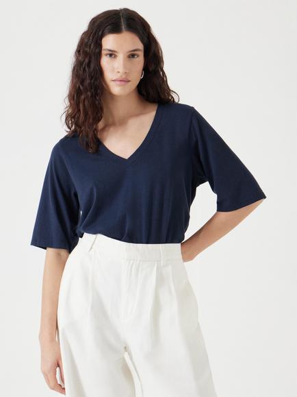 HUSH Reece V-Neck Drape T-Shirt, Dark Navy