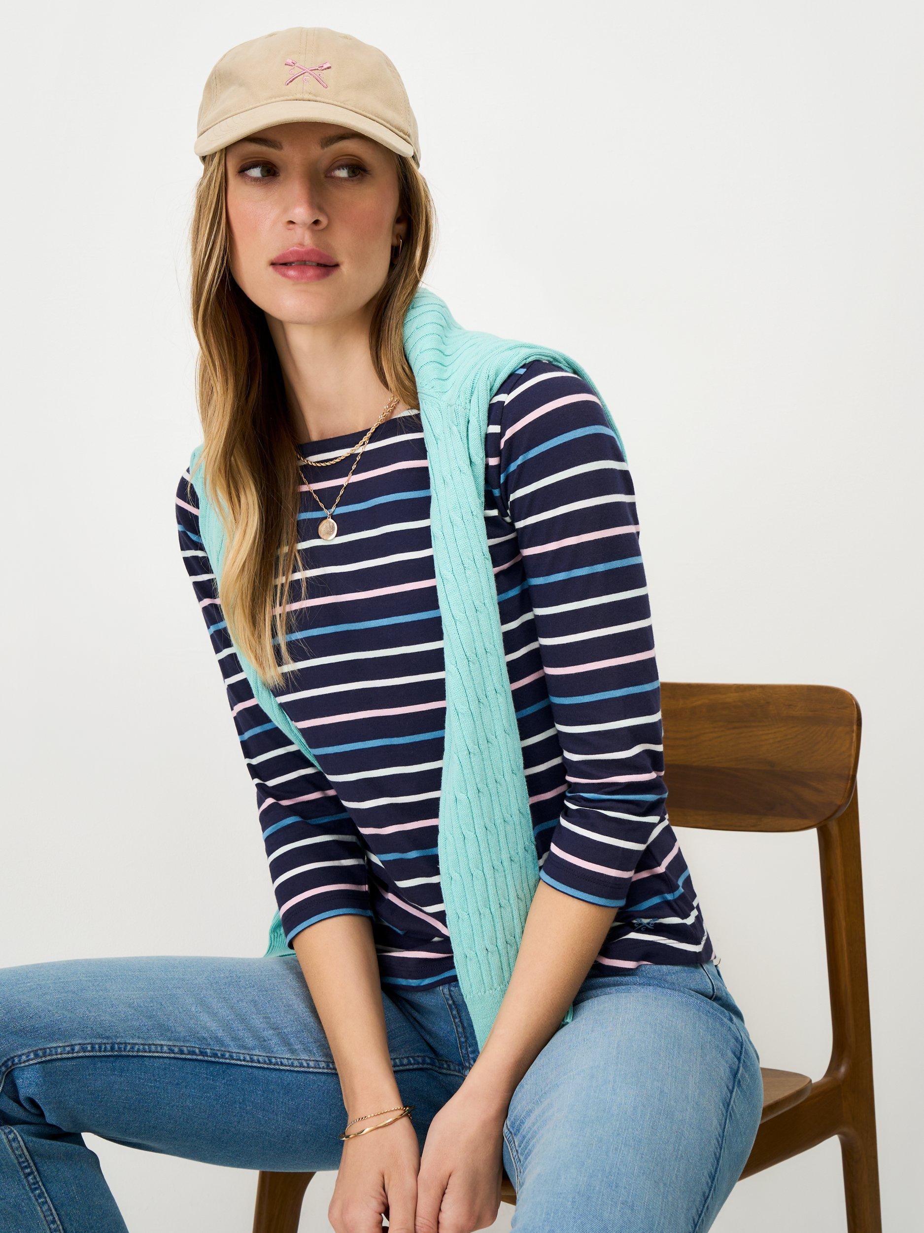 Product image 1 of 5, which shows Crew Clothing Essential Breton Stripe Top, Blue/Multi, 8