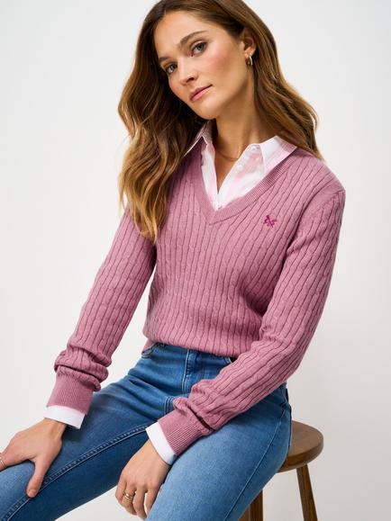Crew Clothing Heritage V-Neck Cable Knit Jumper, Nude Pink