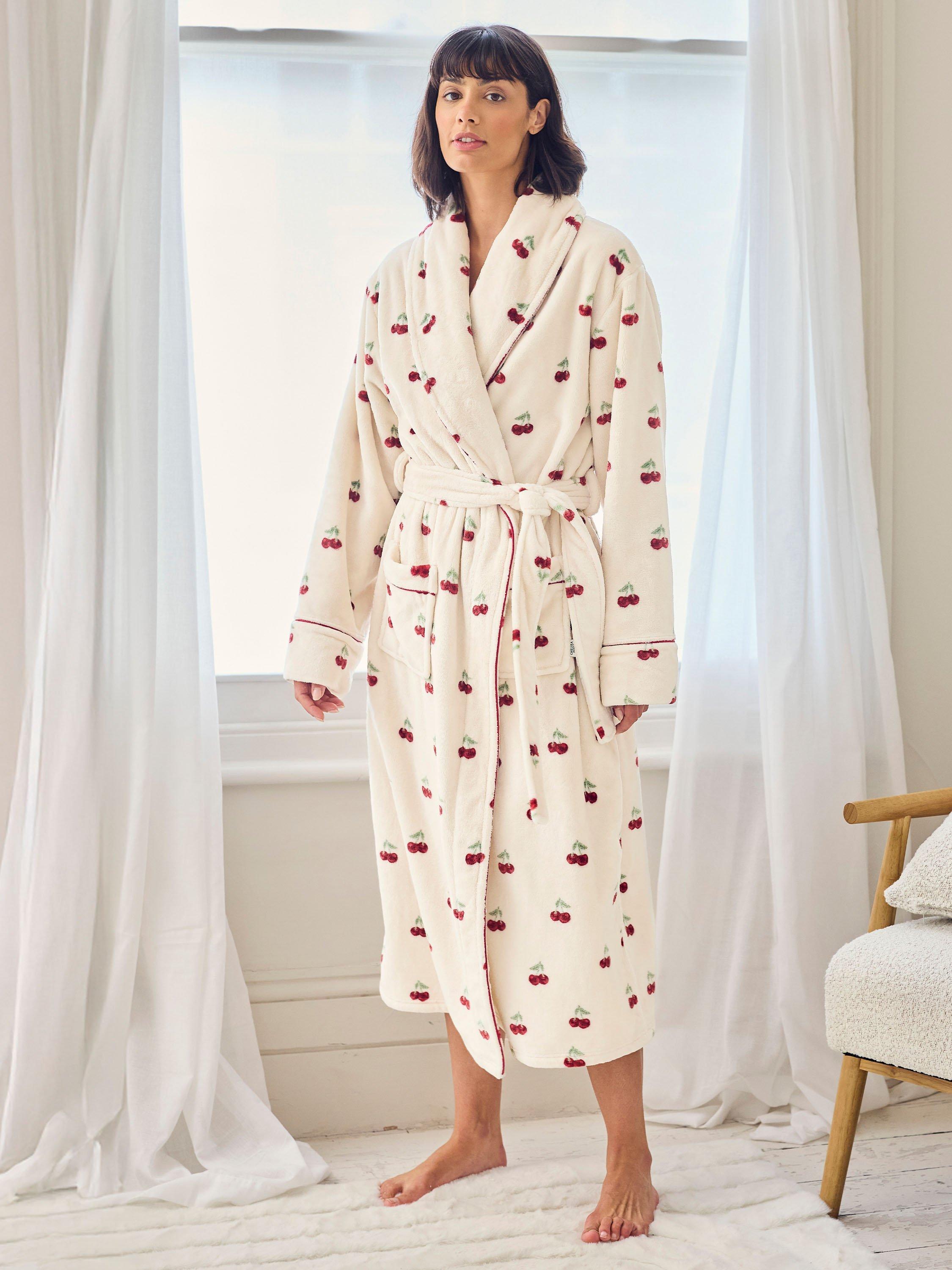 Product image 1 of 5, which shows Chelsea Peers Cherry Fleece Dressing Gown, Off White/Multi, 10