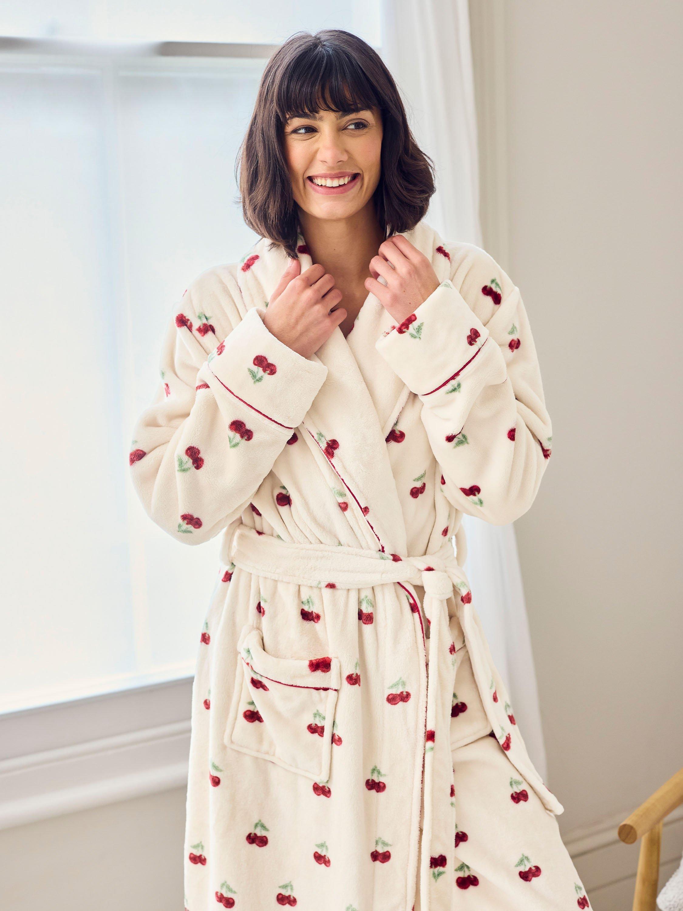 Product image 2 of 5, which shows Chelsea Peers Cherry Fleece Dressing Gown, Off White/Multi, 10
