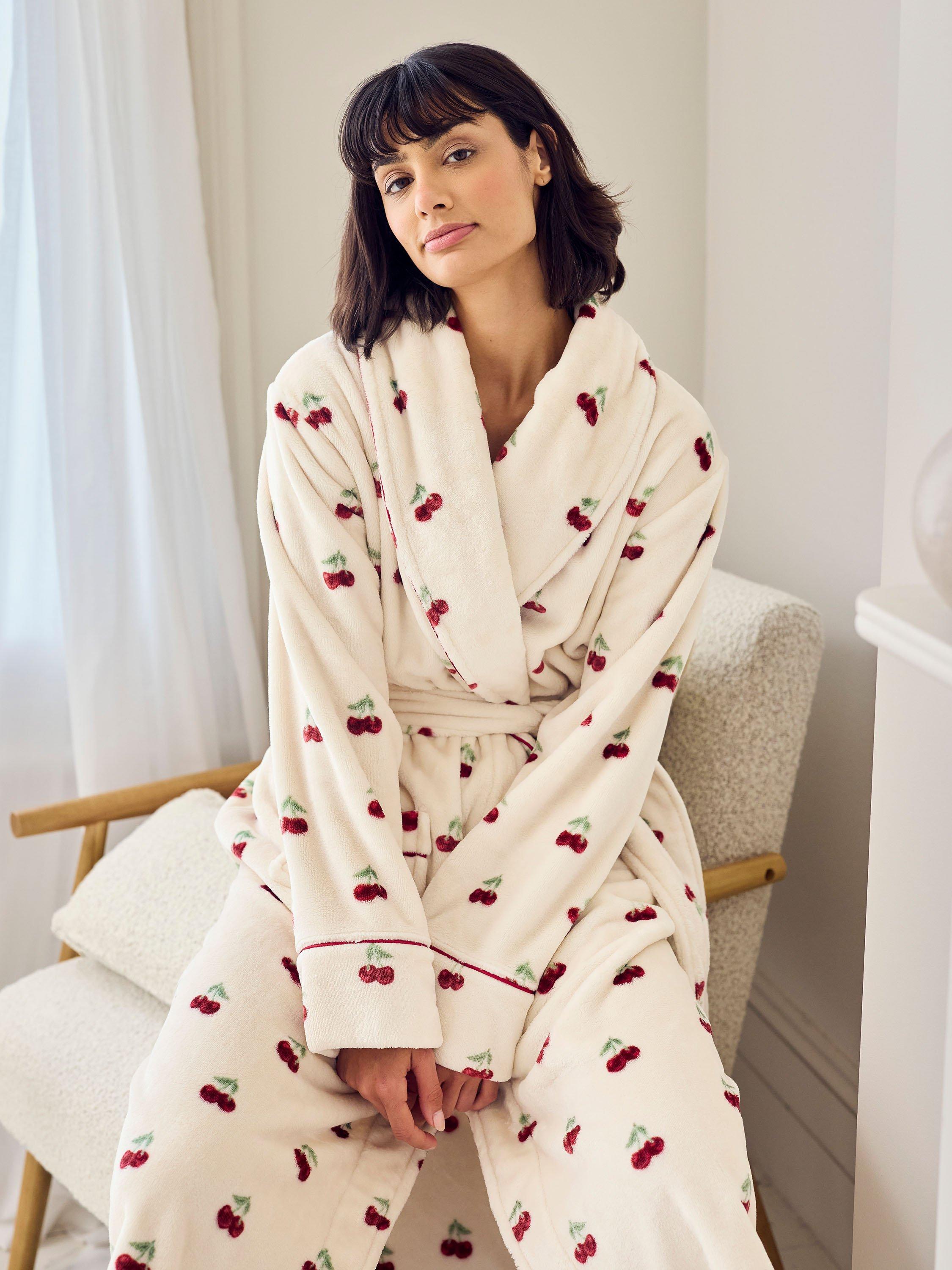 Product image 5 of 5, which shows Chelsea Peers Cherry Fleece Dressing Gown, Off White/Multi, 10