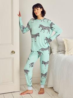 Chelsea Peers Zebra Print Long Pyjama Set, Turquoise/Multi, Turquoise/Multi