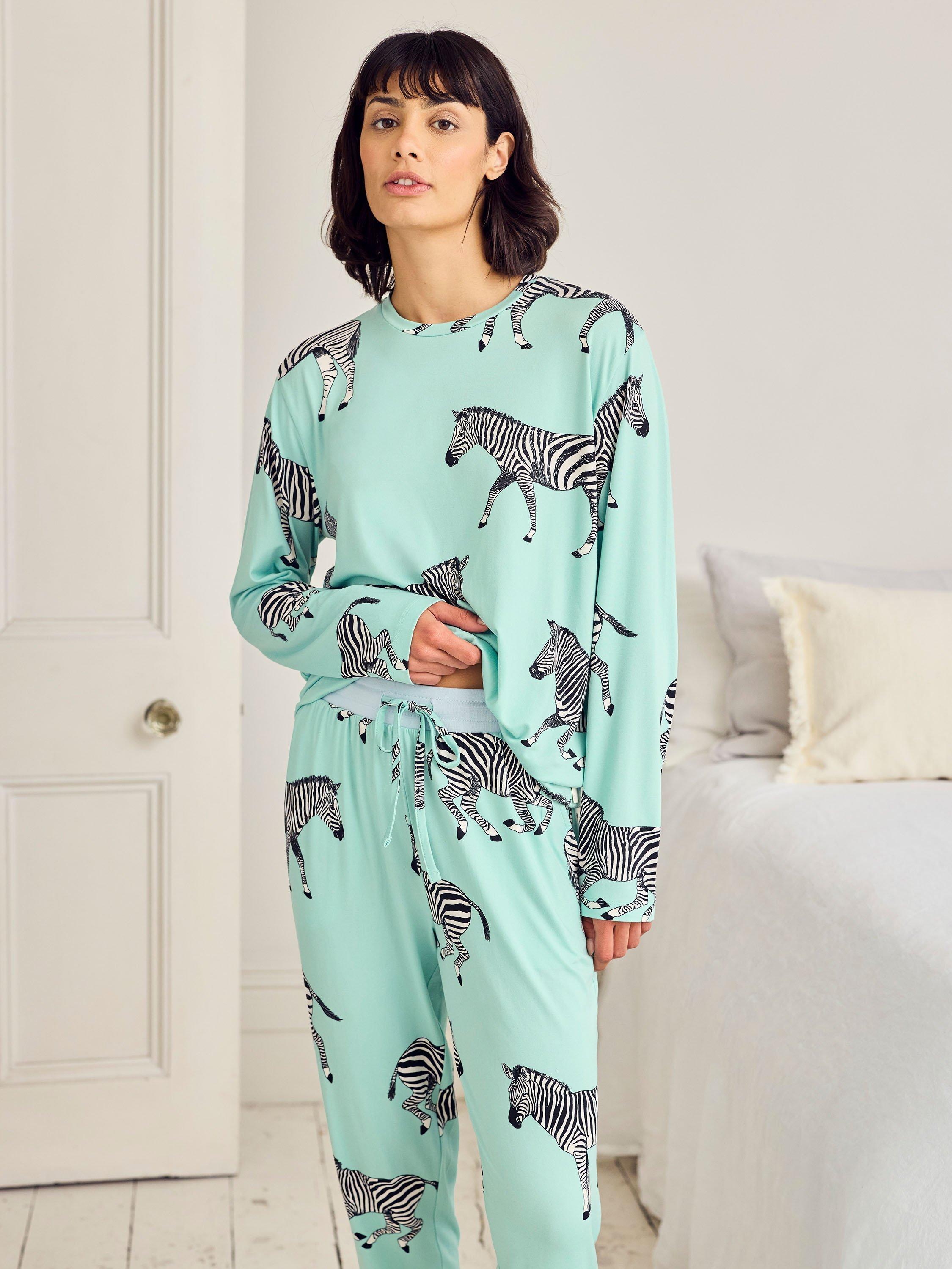 Product image 2 of 6, which shows Chelsea Peers Zebra Print Long Pyjama Set, Turquoise/Multi, 10