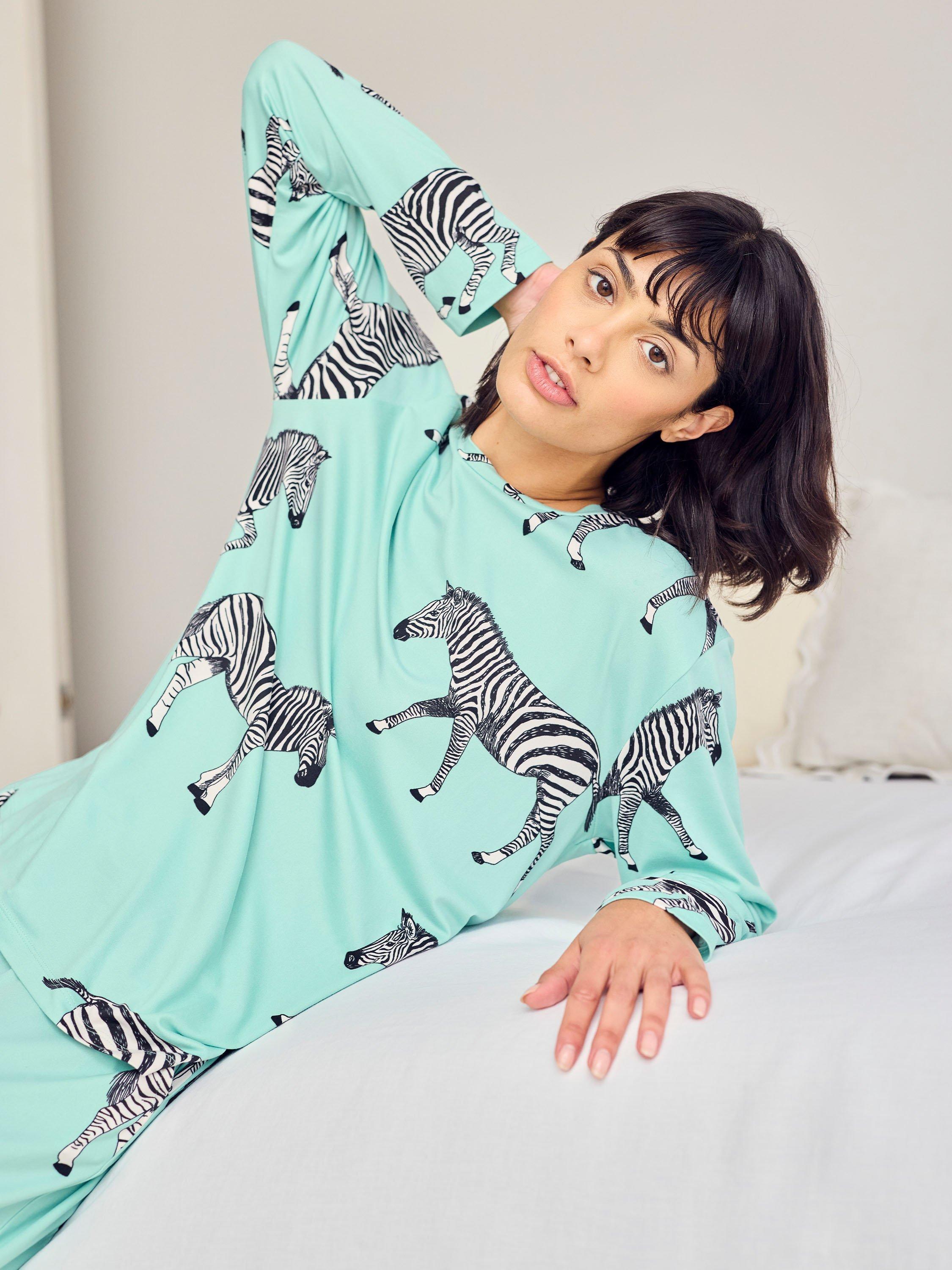 Product image 3 of 6, which shows Chelsea Peers Zebra Print Long Pyjama Set, Turquoise/Multi, 10