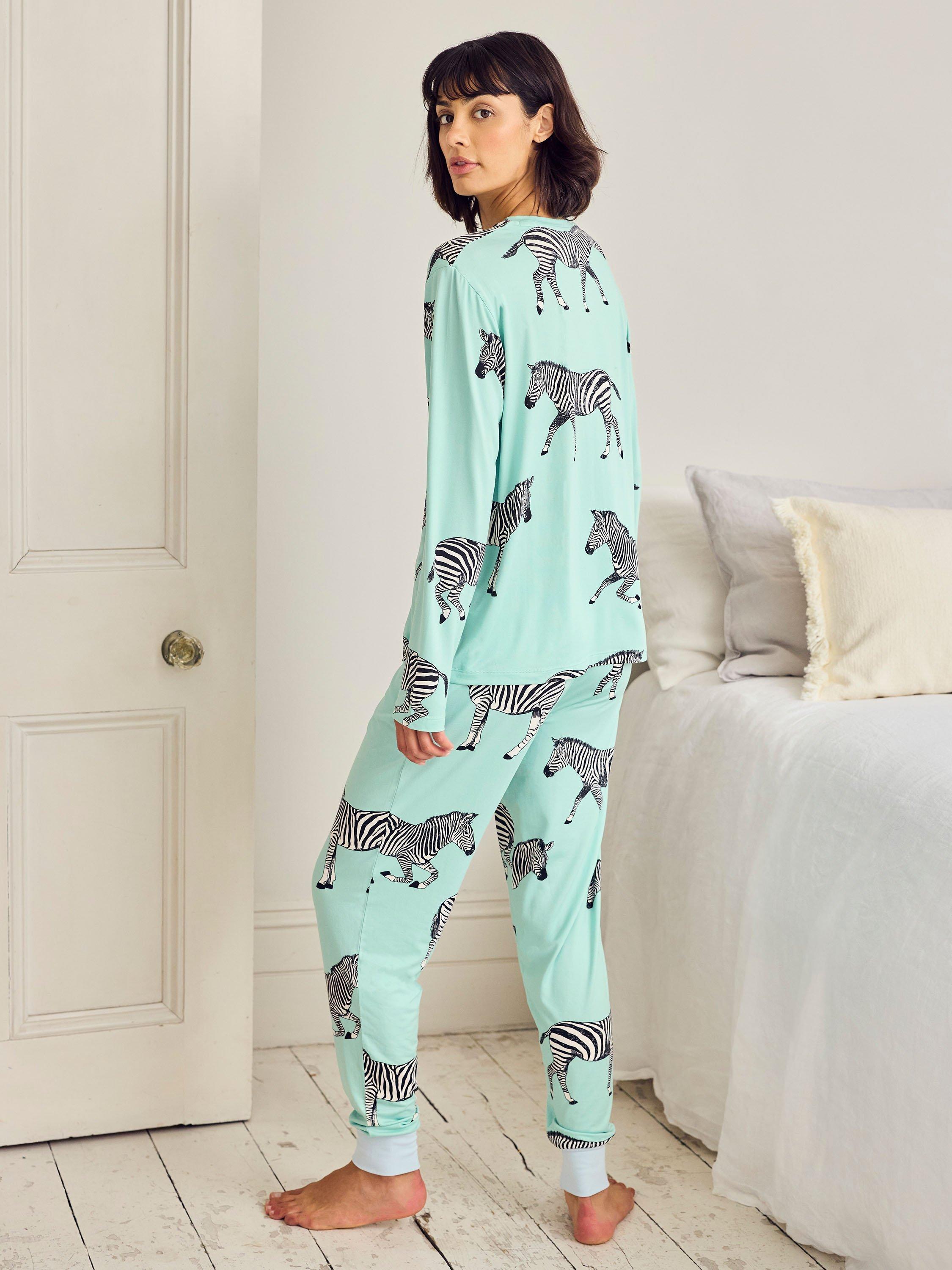 Product image 4 of 6, which shows Chelsea Peers Zebra Print Long Pyjama Set, Turquoise/Multi, 10