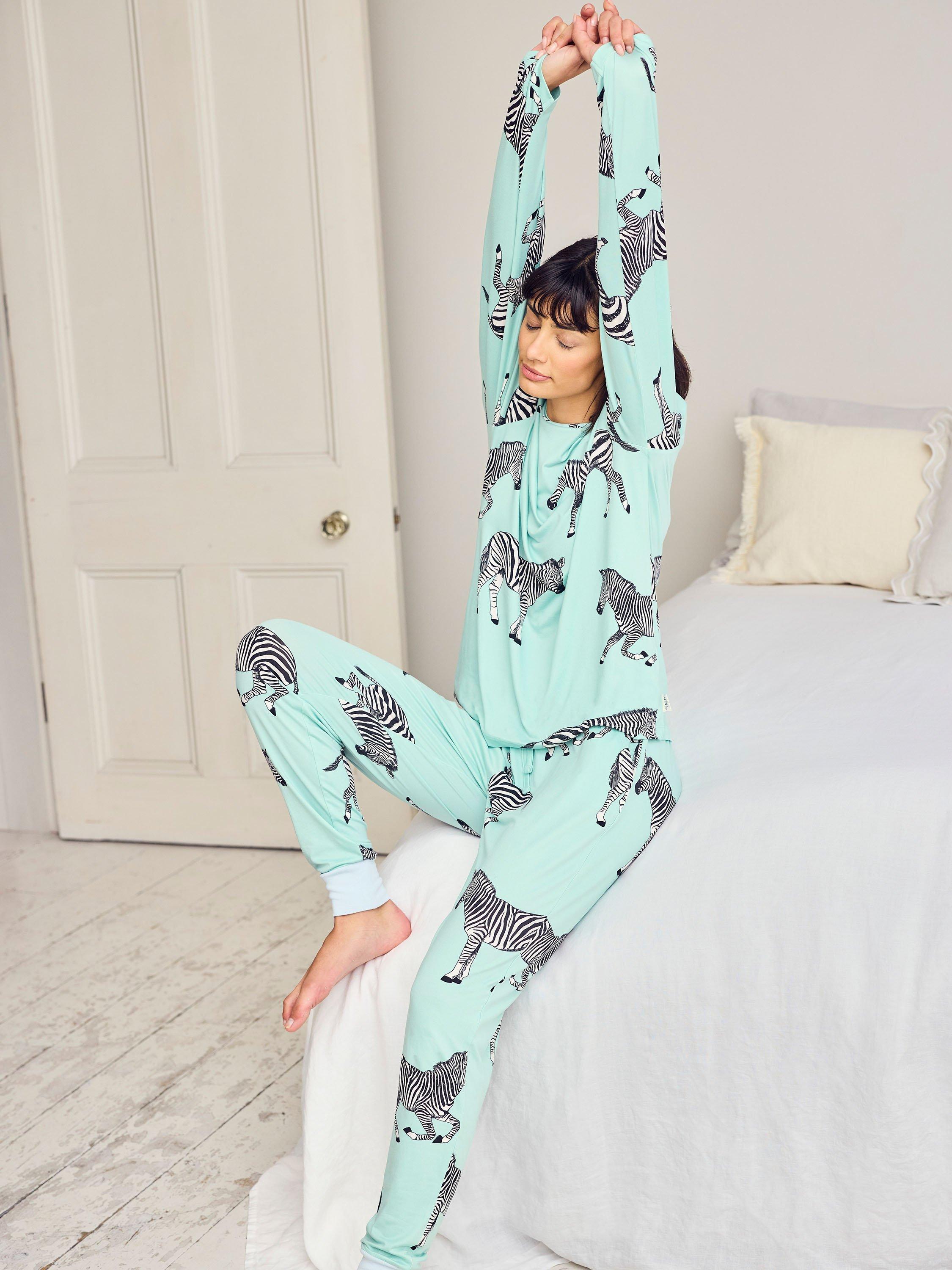 Product image 5 of 6, which shows Chelsea Peers Zebra Print Long Pyjama Set, Turquoise/Multi, 10