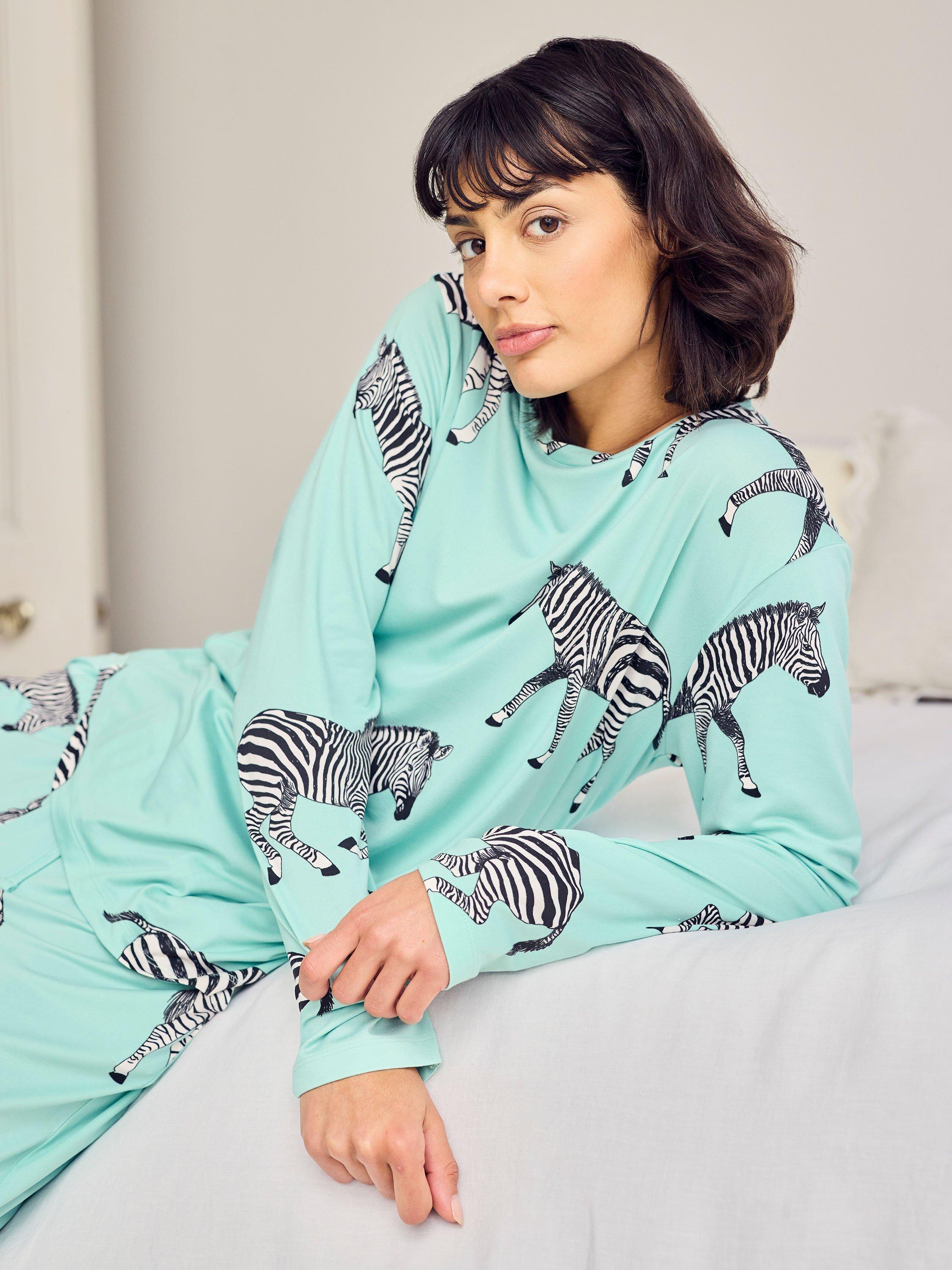 Product image 6 of 6, which shows Chelsea Peers Zebra Print Long Pyjama Set, Turquoise/Multi, 10