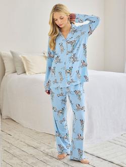 Chelsea Peers Dalmatians Button Through Long Maternity Pyjama Set, Blue/Multi, Blue/Multi