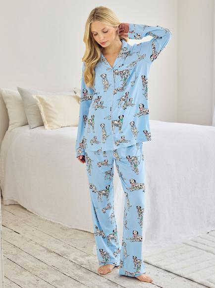 Chelsea Peers Dalmatians Button Through Long Maternity Pyjama Set, Blue/Multi, Blue/Multi