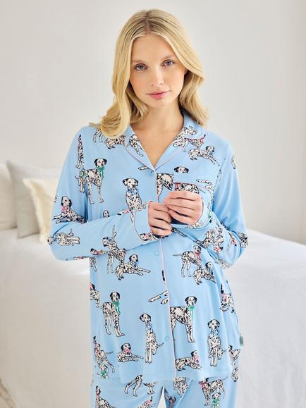 Chelsea Peers Dalmatians Button Through Long Maternity Pyjama Set, Blue/Multi - view 2, Blue/Multi