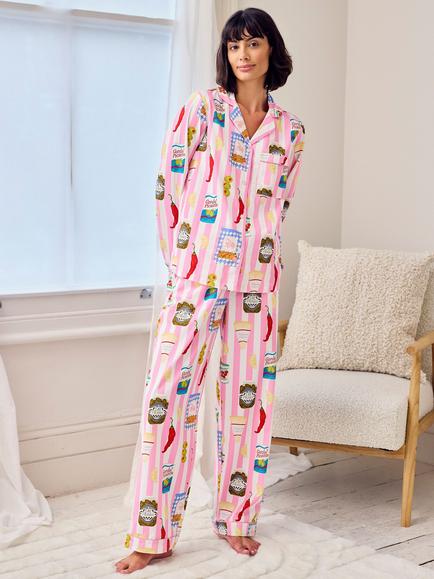 Chelsea Peers Deli Stripe Button Through Long Pyjama Set, Bright Pink, Bright Pink