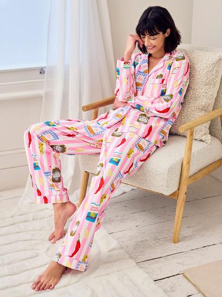 Chelsea Peers Deli Stripe Button Through Long Pyjama Set, Bright Pink - view 2, Bright Pink
