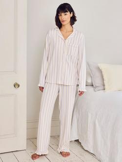 Chelsea Peers Stripe Frill Button Through Long Pyjama Set, Lilac/White, Lilac/White