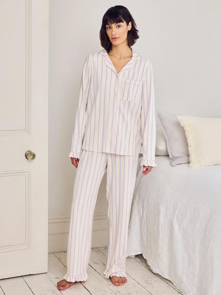 Chelsea Peers Stripe Frill Button Through Long Pyjama Set, Lilac/White, Lilac/White