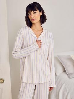 Chelsea Peers Stripe Frill Button Through Long Pyjama Set, Lilac/White - view 2, Lilac/White