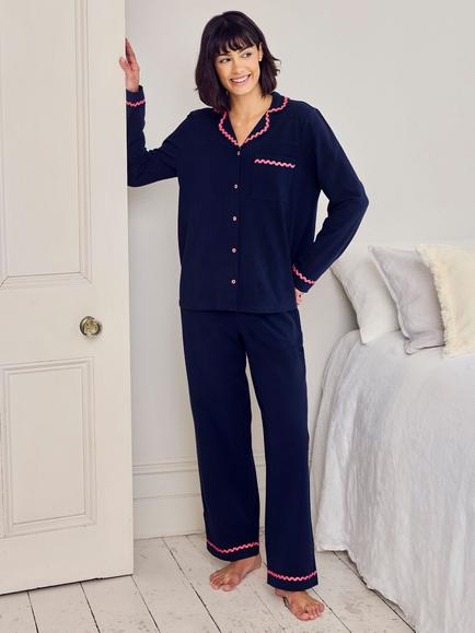 Chelsea Peers Petite Good Morning Button Through Long Pyjama Set, Navy/Pink, Navy/Pink