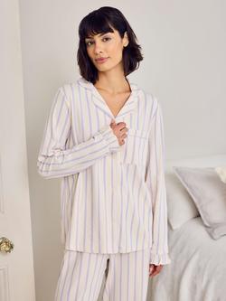 Chelsea Peers Petite Stripe Frill Button Through Long Pyjama Set, Lilac/Cream - view 2, Lilac/Cream