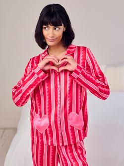 Chelsea Peers Petite Stripe Hearts Satin Button Through Long Pyjama Set, Bright Pink/Multi, Bright Pink/Multi