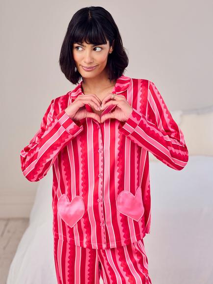Chelsea Peers Petite Stripe Hearts Satin Button Through Long Pyjama Set, Bright Pink/Multi, Bright Pink/Multi