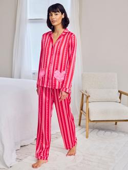 Chelsea Peers Petite Stripe Hearts Satin Button Through Long Pyjama Set, Bright Pink/Multi - view 2, Bright Pink/Multi