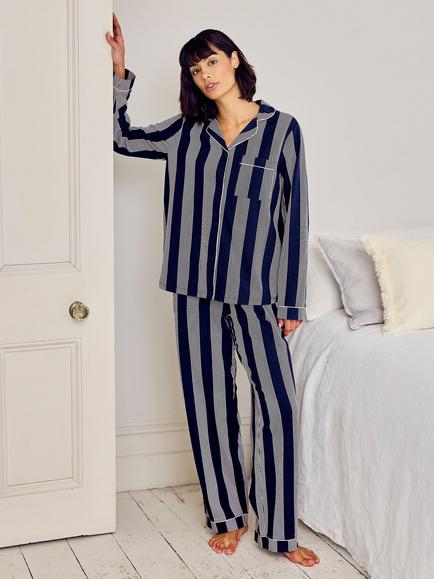 Chelsea Peers Petite Stripe Button Through Long Pyjama Set, Navy/White, Navy/White