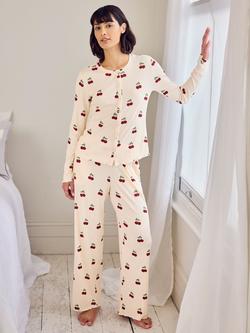 Chelsea Peers Petite Cherry Stripes Button Through Long Pyjama Set, Off White/Multi, Off White/Multi