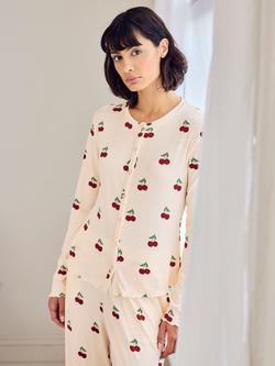 Chelsea Peers Petite Cherry Stripes Button Through Long Pyjama Set, Off White/Multi - view 2, Off White/Multi
