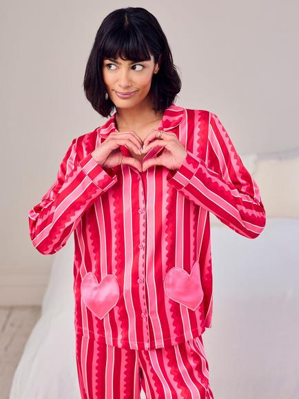 Chelsea Peers Stripe Hearts Satin Button Through Long Pyjama Set, Bright Pink/Multi, Bright Pink/Multi