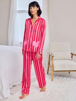 Chelsea Peers Stripe Hearts Satin Button Through Long Pyjama Set, Bright Pink/Multi - view 2, Bright Pink/Multi