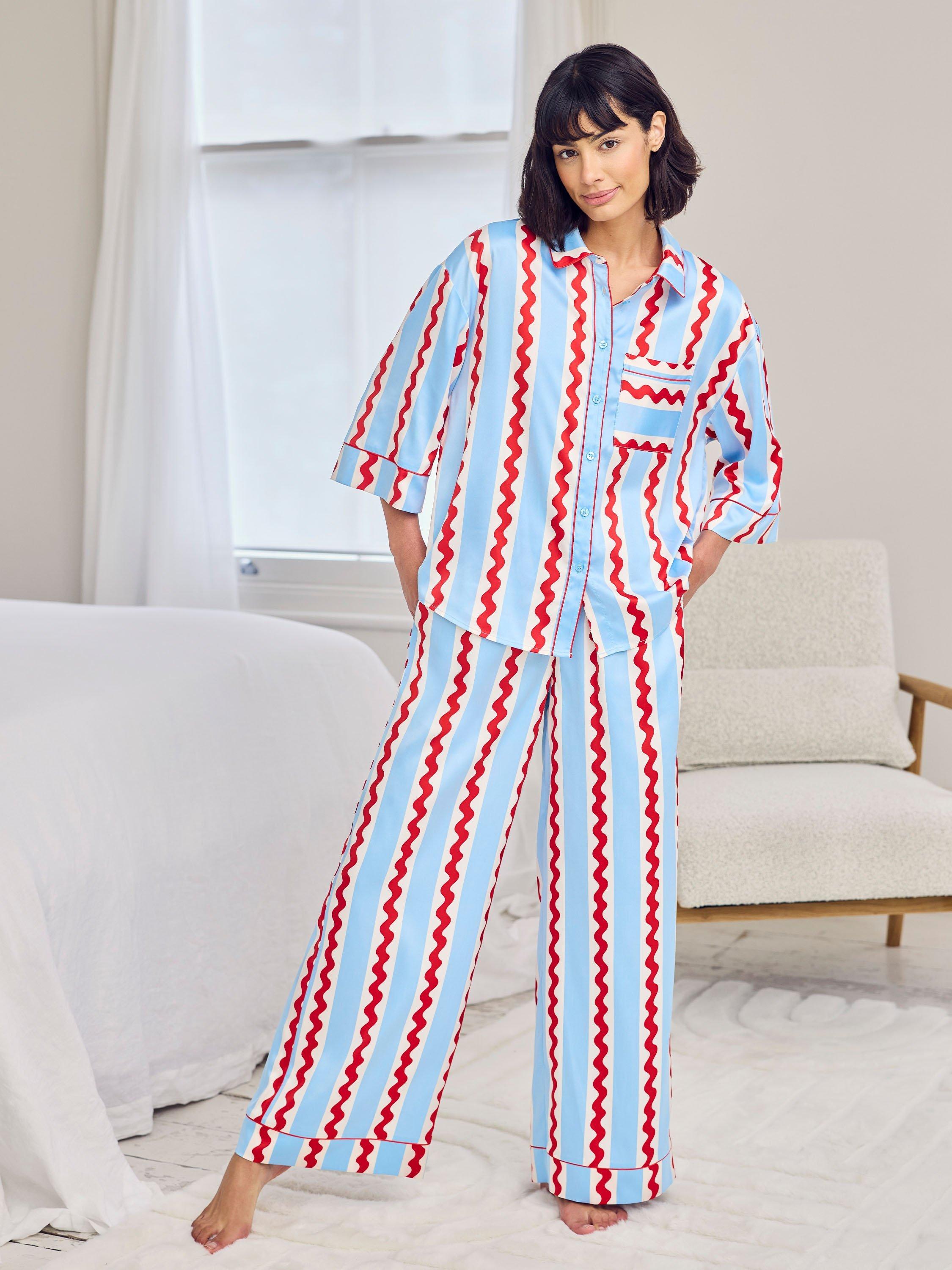 Product image 1 of 5, which shows Chelsea Peers Wavy Stripes Satin Button Through Long Pyjama Set, Blue/Multi, 10